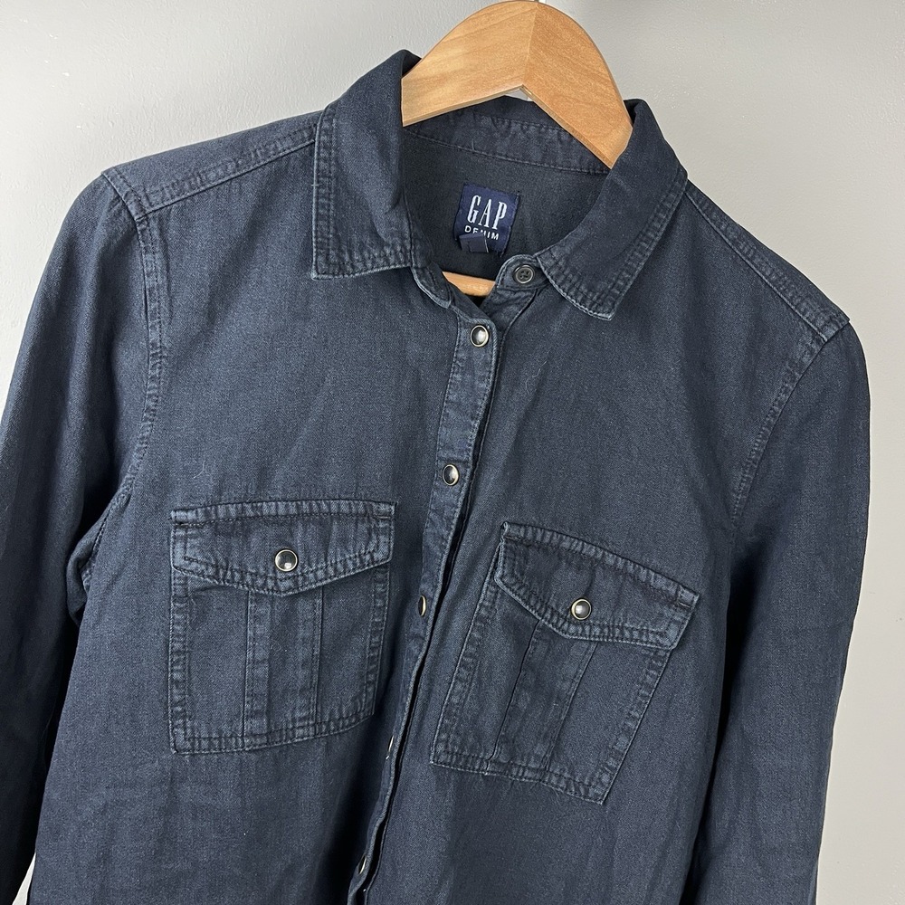 GAP Shirt Dress Womens M Patch Pocket Popover in Black Wash Pearl‎ Snap Cotton